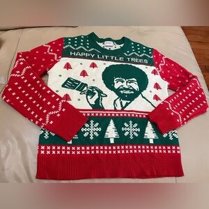 Bob Ross Men’s Merry Little Christmas Ugly Sweater Red and Green Snowflakes, Med